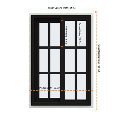 24x36 Black Color Vinyl Sliding Window With Colonial Grids Grilles
