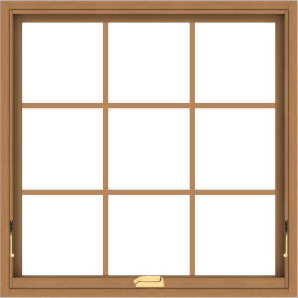 WDMA 34x34 (33.5 x 33.5 inch) Oak Wood Dark Brown Bronze Aluminum Crank out Awning Window with Colonial Grids Interior