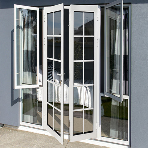 Aluminum glass panel accordion bifold folding door with built-in blinds on China WDMA