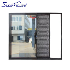 Black aluminium frame glass sliding doors with stainless steel security mesh on China WDMA