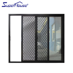 Black aluminium frame glass sliding doors with stainless steel security mesh on China WDMA