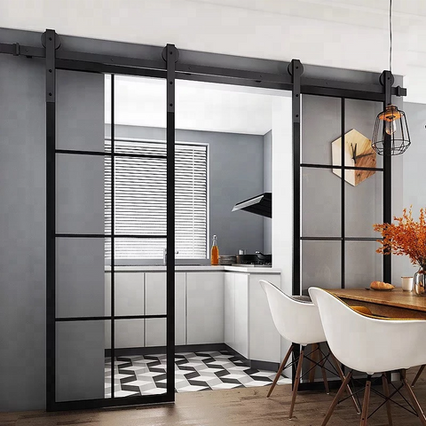 Black aluminum framed glass insulated sliding barn door with rolling hardware on China WDMA