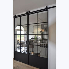 WDMA Modern design interior iron frame sliding door tempered glass steel insulated sliding barn door