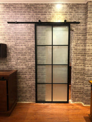 Frosted Glass Interior Door With Black Steel Frame, Steel insulated sliding barn door with hardware