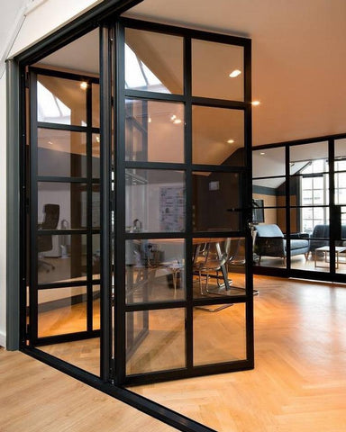 WDMA  Modern Designs Black White Grey Red Interior Carbon Steel Frame Tempered Glass Panel Swing Doors