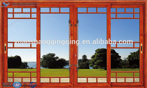 Hot sale wooden color wood grain frame sliding Glazing Low-E tempered glass windows and doors for Bedroom Kitchen Villa