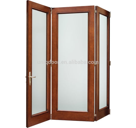 Lobby Entrance Door, Wood Patio Sliding French Folding Door With Clear Frosted Tempered Glass Panel on China WDMA