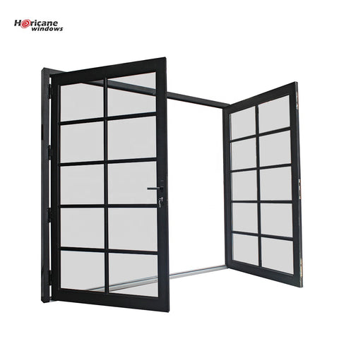 New design factory price modern entry black powder coated exterior glass aluminium double door for sale on China WDMA