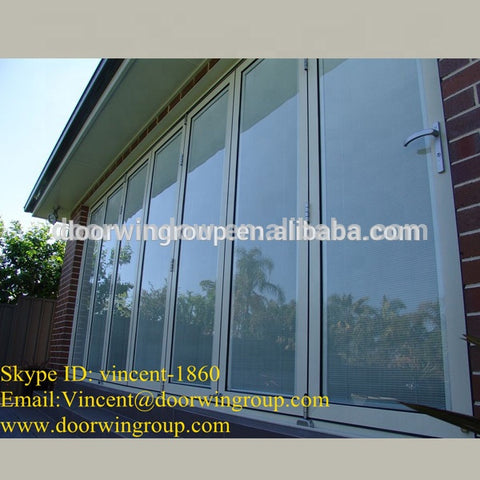 Thermal break aluminum BI-folding double glazing tempered glass doors White patio door with integral blinds shutter on China WDMA