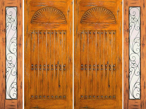 WDMA 100x80 Door (8ft4in by 6ft8in) Exterior Knotty Alder Prehung Double Door with Two Sidelights Entry Carved 1