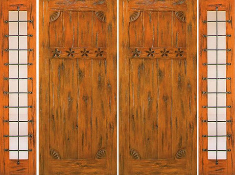 WDMA 100x80 Door (8ft4in by 6ft8in) Exterior Knotty Alder Double Door with Two Sidelights Front Prehung Carved 1
