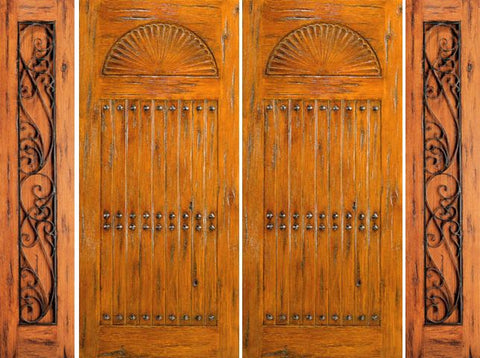 WDMA 100x80 Door (8ft4in by 6ft8in) Exterior Knotty Alder Entry Prehung Double Door with Two Sidelights Carved 1