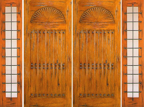 WDMA 108x80 Door (9ft by 6ft8in) Exterior Knotty Alder Double Door with Two Sidelights Entry Prehung Carved 1