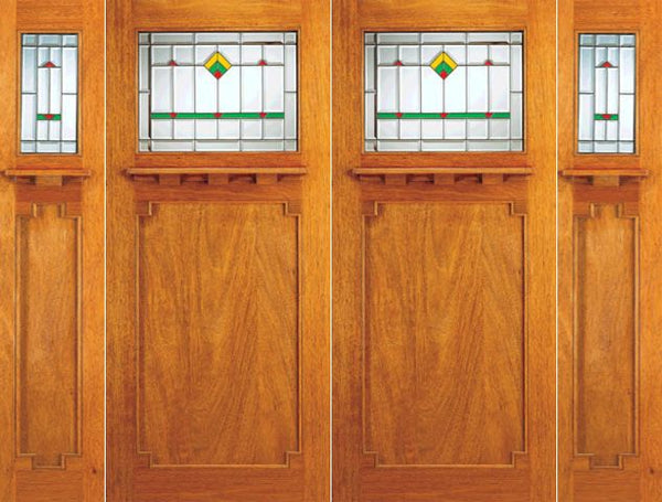 WDMA 108x84 Door (9ft by 7ft) Exterior Mahogany Double Doors 2-Sidelights Frank Lloyd Wright Glass Design 1