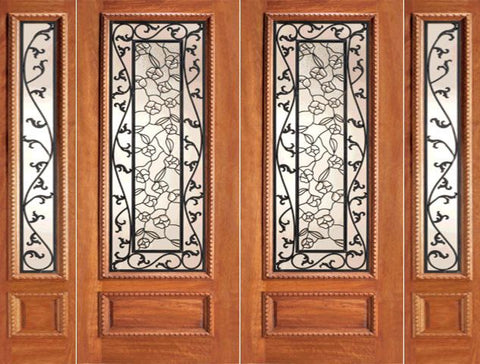 WDMA 108x84 Door (9ft by 7ft) Exterior Mahogany Floral Ironwork Glass Double Door Two Sidelights 1
