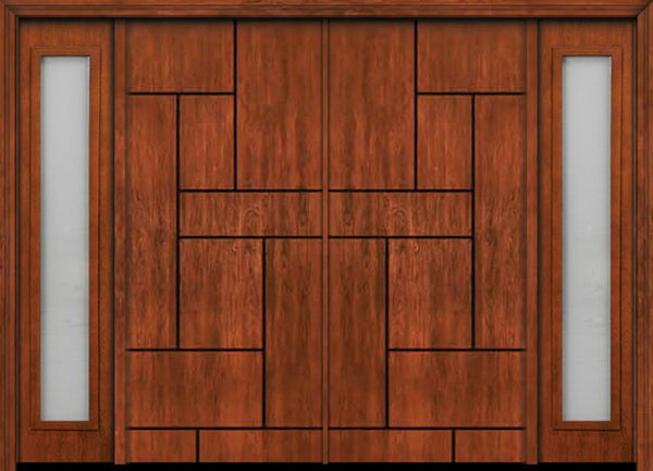 WDMA 112x80 Door (9ft4in by 6ft8in) Exterior Cherry Contemporary Lines Groove Double Entry Door Sidelights 1