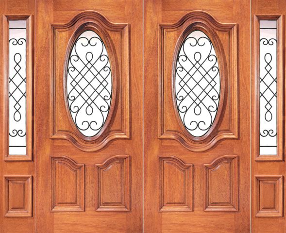 WDMA 120x80 Door (10ft by 6ft8in) Exterior Mahogany Oval Lite Double Door with Two Side lights 1