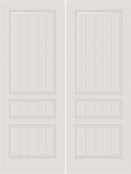 WDMA 20x80 Door (1ft8in by 6ft8in) Interior Swing Smooth SV3010 MDF PLANK/V-GROOVE 3 Panel Double Door 1
