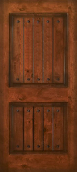 WDMA 32x80 Door (2ft8in by 6ft8in) Exterior Knotty Alder 80in 2 Panel Square V-Grooved Estancia Alder Door with Clavos 1