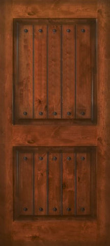 WDMA 32x80 Door (2ft8in by 6ft8in) Exterior Knotty Alder 80in 2 Panel Square V-Grooved Estancia Alder Door with Clavos 1