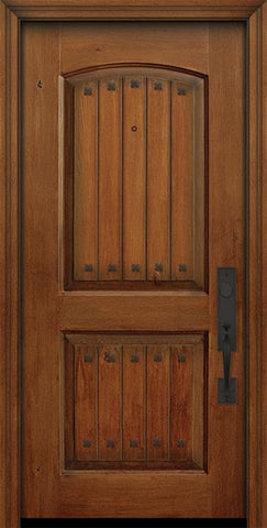WDMA 32x80 Door (2ft8in by 6ft8in) Exterior Knotty Alder IMPACT | 80in 2 Panel Arch V-Grooved Door with Clavos 1