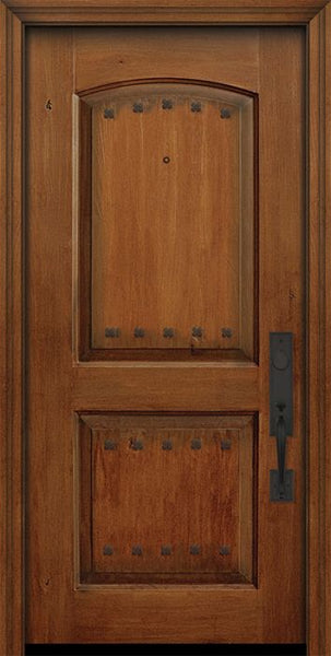 WDMA 32x80 Door (2ft8in by 6ft8in) Exterior Knotty Alder IMPACT | 80in 2 Panel Arch Door with Clavos 1