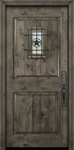 WDMA 32x80 Door (2ft8in by 6ft8in) Exterior Knotty Alder 80in 2 Panel Square V-Grooved Estancia Alder Door with Speakeasy 2