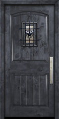 WDMA 32x80 Door (2ft8in by 6ft8in) Exterior Knotty Alder 80in Arch 2 Panel V-Grooved Estancia Alder Door with Speakeasy 2