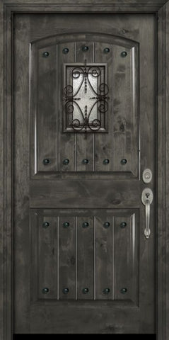 WDMA 32x80 Door (2ft8in by 6ft8in) Exterior Knotty Alder 80in Arch 2 Panel V-Grooved Estancia Alder Door with Speakeasy / Clavos 2