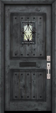 WDMA 32x80 Door (2ft8in by 6ft8in) Exterior Knotty Alder 80in 2 Panel Square V-Grooved Estancia Alder Door with Speakeasy / Clavos 2