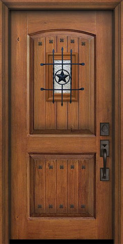 WDMA 32x80 Door (2ft8in by 6ft8in) Exterior Knotty Alder 80in 2 Panel Arch V-Grooved Door with Speakeasy / Clavos 1