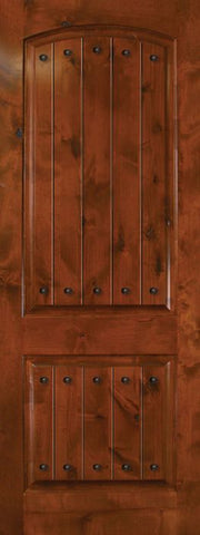 WDMA 32x96 Door (2ft8in by 8ft) Exterior Knotty Alder 96in Arch 2 Panel V-Grooved Estancia Alder Door with Clavos 1