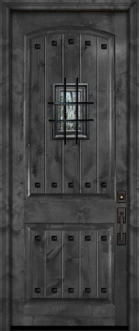 WDMA 32x96 Door (2ft8in by 8ft) Exterior Knotty Alder 96in Arch 2 Panel V-Grooved Estancia Alder Door with Speakeasy / Clavos 2