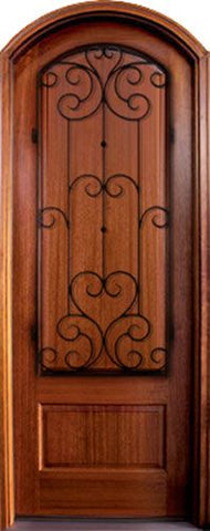 WDMA 34x78 Door (2ft10in by 6ft6in) Exterior Mahogany Tiffany Solid Panel Single Door/Arch Top w Westwood Iron 1