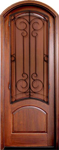 WDMA 34x78 Door (2ft10in by 6ft6in) Exterior Mahogany Aberdeen Solid Panel Single/Arch Top w Sherwood Iron 1