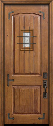 WDMA 36x96 Door (3ft by 8ft) Exterior Knotty Alder 96in 2 Panel Arch V-Groove Door with Speakeasy / Corner Straps 1