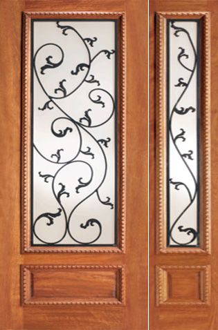 WDMA 38x80 Door (3ft2in by 6ft8in) Exterior Mahogany Door One Sidelight Leaf Scrollwork Ironwork Glass 1
