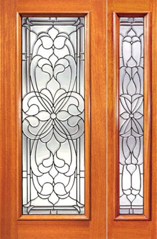 WDMA 38x80 Door (3ft2in by 6ft8in) Exterior Mahogany Floral Scrollwork Beveled Glass Door and one Sidelight 1