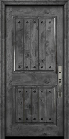 WDMA 42x80 Door (3ft6in by 6ft8in) Exterior Knotty Alder 42in x 80in 2 Panel Square V-Grooved Estancia Alder Door with Clavos 2