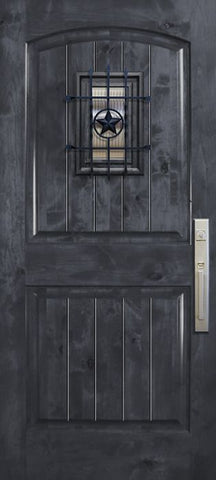 WDMA 42x80 Door (3ft6in by 6ft8in) Exterior Knotty Alder 42in x 80in Arch 2 Panel V-Grooved Estancia Alder Door with Speakeasy 1
