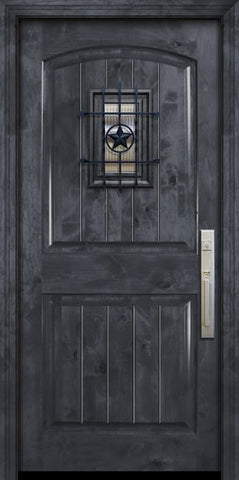 WDMA 42x80 Door (3ft6in by 6ft8in) Exterior Knotty Alder 42in x 80in Arch 2 Panel V-Grooved Estancia Alder Door with Speakeasy 2