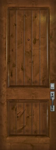 WDMA 42x96 Door (3ft6in by 8ft) Exterior Knotty Alder 42in x 96in 2 Panel V-Grooved Estancia Alder Door 1