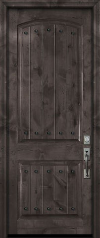 WDMA 42x96 Door (3ft6in by 8ft) Exterior Knotty Alder 42in x 96in Arch 2 Panel V-Grooved Estancia Alder Door with Clavos 2