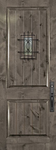 WDMA 42x96 Door (3ft6in by 8ft) Exterior Knotty Alder 42in x 96in 2 Panel V-Grooved Estancia Alder Door with Speakeasy 1