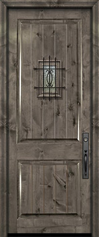 WDMA 42x96 Door (3ft6in by 8ft) Exterior Knotty Alder 42in x 96in 2 Panel V-Grooved Estancia Alder Door with Speakeasy 2