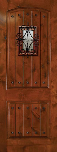WDMA 42x96 Door (3ft6in by 8ft) Exterior Knotty Alder 42in x 96in Arch 2 Panel V-Grooved Estancia Alder Door with Speakeasy / Clavos 1