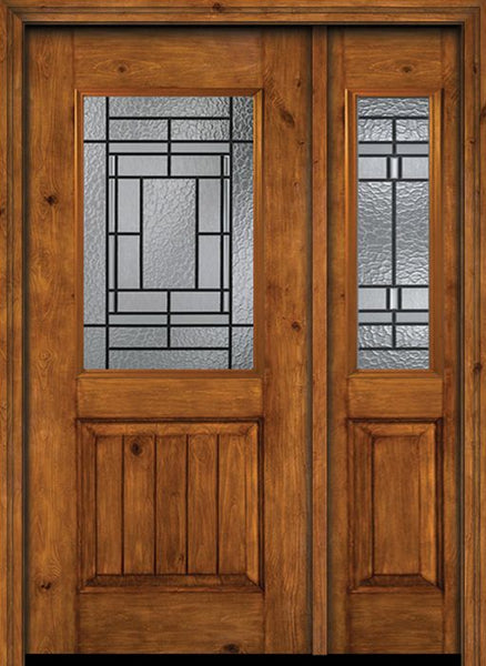 WDMA 44x80 Door (3ft8in by 6ft8in) Exterior Cherry Alder Rustic V-Grooved Panel 1/2 Lite Single Entry Door Sidelight Pembrook Glass 1