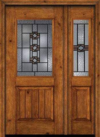 WDMA 44x80 Door (3ft8in by 6ft8in) Exterior Cherry Alder Rustic V-Grooved Panel 1/2 Lite Single Entry Door Sidelight Mission Ridge Glass 1
