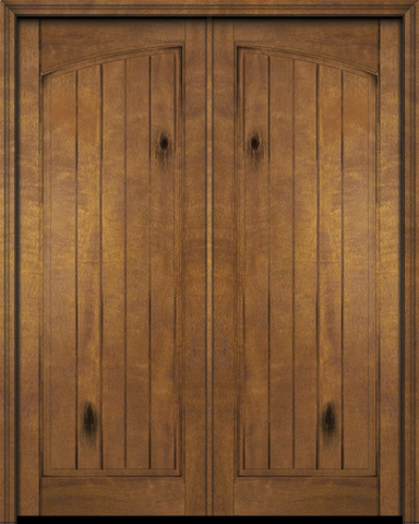 WDMA 48x80 Door (4ft by 6ft8in) Exterior Swing Mahogany Rustic Arch Panel V-Grooved Plank or Interior Double Door 1