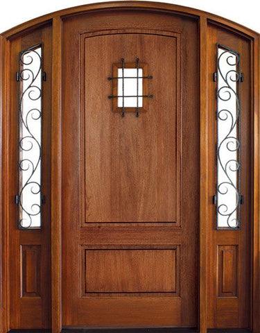 WDMA 50x80 Door (4ft2in by 6ft8in) Exterior Mahogany Trinity 2 Panel Impact Single Door/2 Iron Sidelight Arch Top w Speakeasy 1